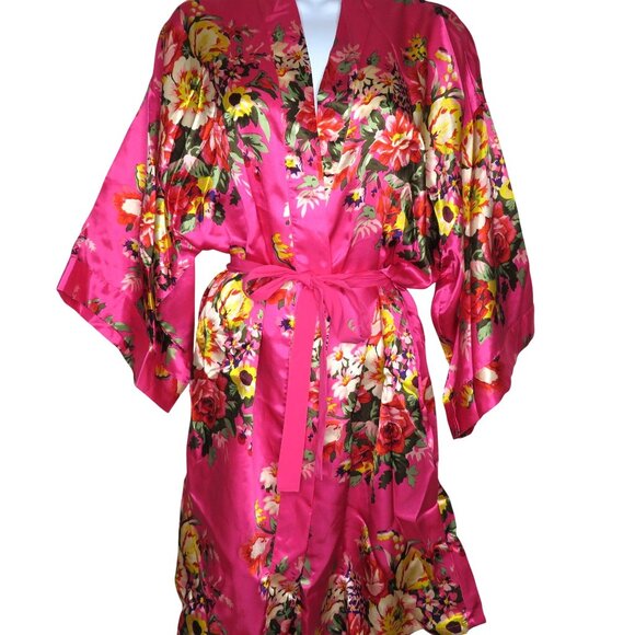 New Ms Lovely Hot Pink Floral Satin Kimono Robe M/L Knee Length Pockets Belted - Picture 11 of 16